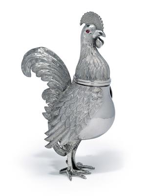 A lidded container in the form of a rooster, - Silver
