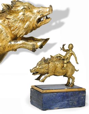 A vermeil figure of a putto mounted on a boar, - Stříbro