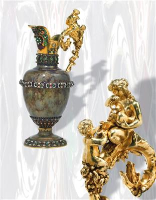 An enamelled ornamental pitcher, - Silver