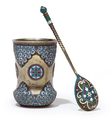 Moskauer Cloisonné Becher und Löffel, - Silber