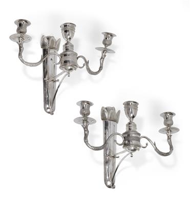 A pair of three-armed wall sconces, - Silver
