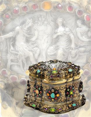 A lidded box from Augsburg elaborately set with gemstones, - Stříbro