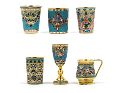 Six cloisonné cups from Moscow , - Stříbro