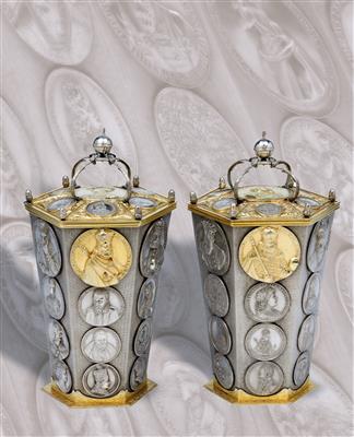 A pair of large Historism Period lidded coin beakers, - Stříbro
