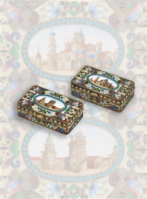 Two cloisonné lidded boxes from Russia, - Stříbro