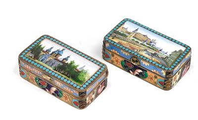 Two cloisonné lidded boxes from Russia, - Silver