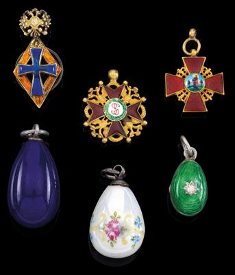 Three Russian miniature eggs, 2 miniature medals, 1 miniature badge, - Argenti