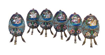 Six cloisonné eggs from Russia, - Argenti