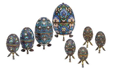 Eight cloisonné eggs from Russia, - Silver