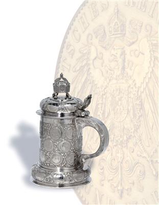 Emperor Wilhelm II. - Imperial lidded tankard set with coins, - Stříbro