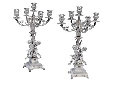 A pair of five-light Italian candleholders, - Silver