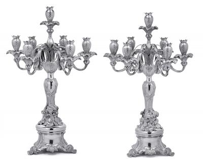 A pair of large seven-light candleholders from Germany, - Silver