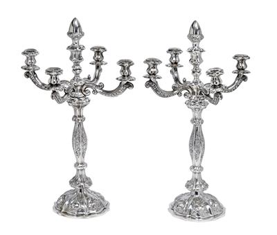 A pair of Late Biedermeier candlesticks from Vienna, with 5-light girandole inserts, - Argenti