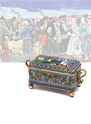 Russische Cloisonné Deckeldose, - Silber