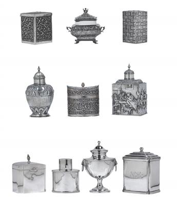A collection of tea caddies, - Argenti