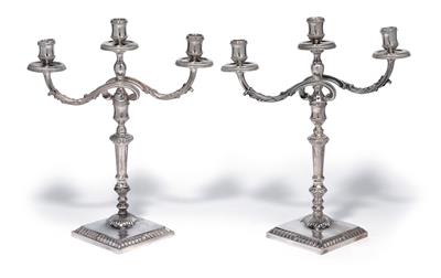 A pair of three-light candleholders from Italy, - Silver