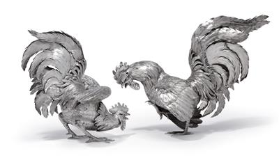 A brace of fighting cocks, - Silver