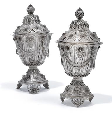 Two Oriental lidded cups, - Silver