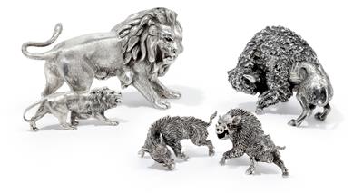 Five animal figures, - Silver