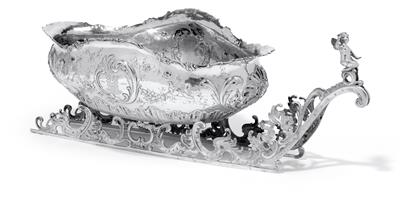 A jardiniere in the form of a sled, from Germany, - Silver