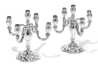 A pair of five light candleholders from Germany, - Silver