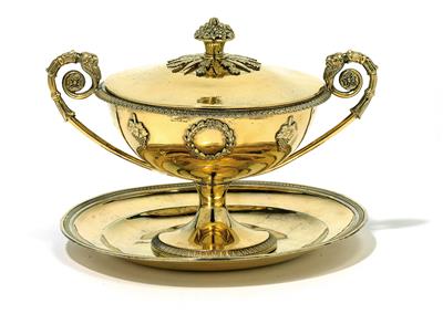 A lidded bowl from Paris, with saucer, - Silver