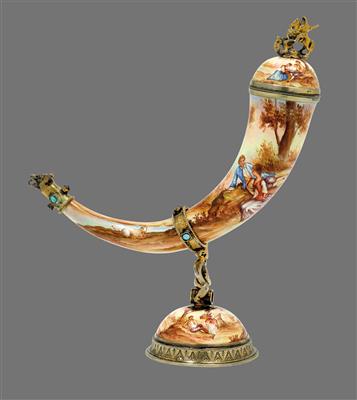 An enamelled drinking horn from Vienna, - Argenti