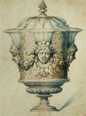 German School, ca. 1600 - Design for a lidded vase with mascarons and fruit garlands, - Argenti