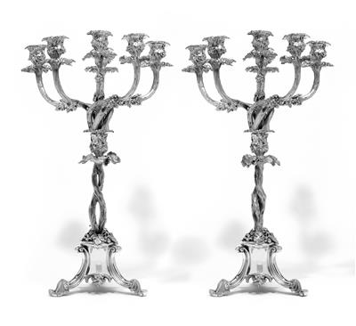 A pair of six-light candelabra from St Petersburg, - Silver