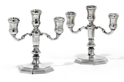 A pair of three-light candleholders from Hungary, - Silver