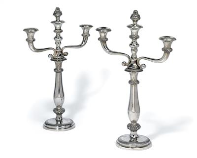 A pair of Biedermeier candleholders from Vienna, with three-light girandole inserts, - Stříbro