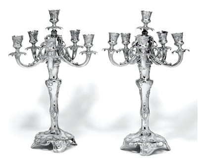 A pair of six-light candelabra from Vienna, - Argenti