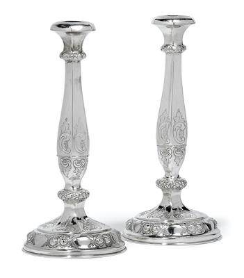 A pair of Late Biedermeier candleholders from Vienna, - Argenti