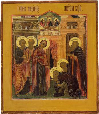 An icon from Russia - The Virgin appearing to St. Sergius of Radonesch, - Silver