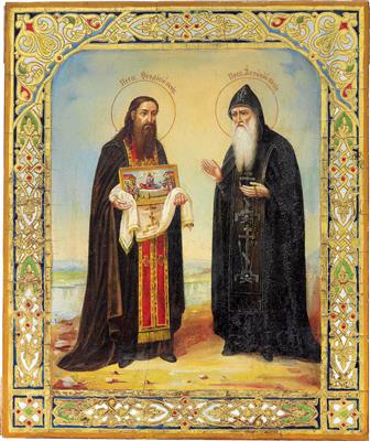 Russische Ikone - Heiligen Feodosij und Antonij vom Kiewer Höhlenkloster, - Silber und Russisches Silber