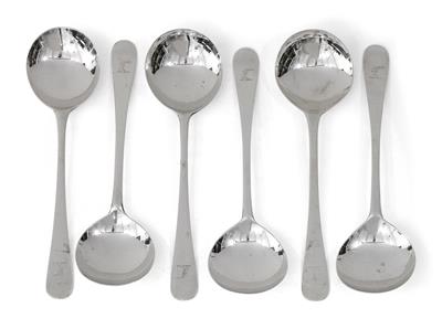 Twelve consommé spoons from London, - Silver and Russian Silver