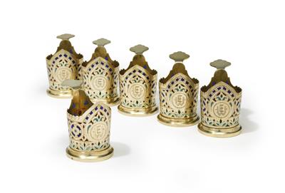 6 plique-à-jour miniature tea-glass holders from Moscow, - Argenti e Argenti russo