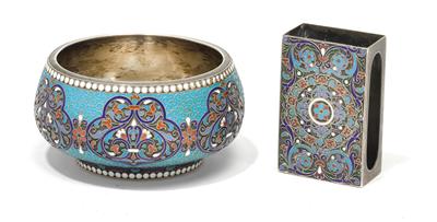 A cloisonné bowl from Moscow and a cloisonné match container from Saint Petersburg, - Argenti e Argenti russo