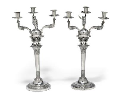 A pair of three-light candelabra from Germany, - Silver and Russian Silver
