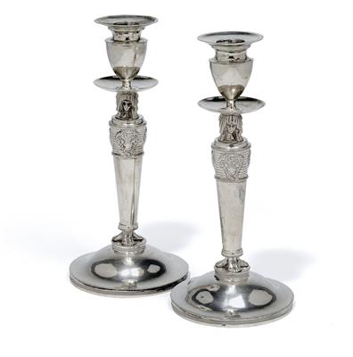 A pair of Empire Period candleholders from Germany, - Stříbro a Ruské stříbro