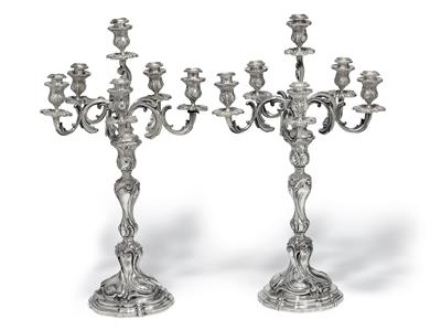 A pair of six-light candleholders from Germany, - Stříbro a Ruské stříbro