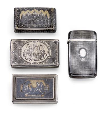 Three lidded boxes and 1 case with niello decoration, - Argenti e Argenti russi