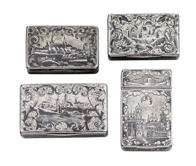 Four niello lidded boxes from Moscow, - Argenti e Argenti russi