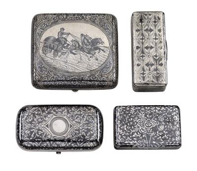 Four niello lidded boxes from Moscow, - Stříbro a Ruské stříbro