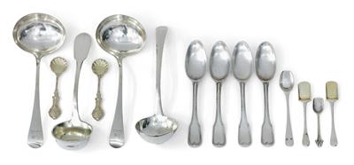 A parcel of sauce-, condiment-, and tea spoons, - Silver and Russian Silver