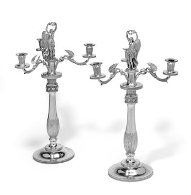 A pair of Empire candleholders with four-light girandole inserts, - Silver and Russian Silver