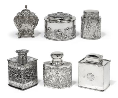 A collection tea caddies and 1 sugar bowl, - Silver and Russian Silver