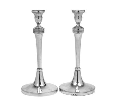 A Pair of Empire Candleholders, - Silver