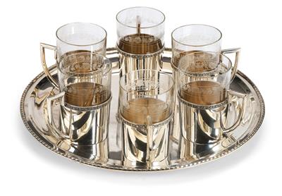6 Tea-Glass Holders with Tray from Prague, - Silver and Russian Silver