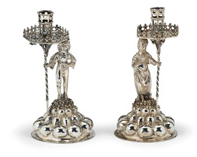 A Pair of Historicist Candleholders from Germany, - Stříbro a Ruské stříbro